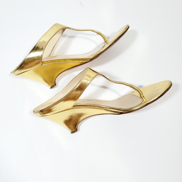 Prada Authentic Patent Leather Golden Wedge 👡 Sandals, Size 7 - Picture 2 of 8
